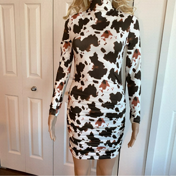 SHEIN - White and brown ruched bodycon Cow pattern stretch dress for S- US XS - Picture 2 of 11